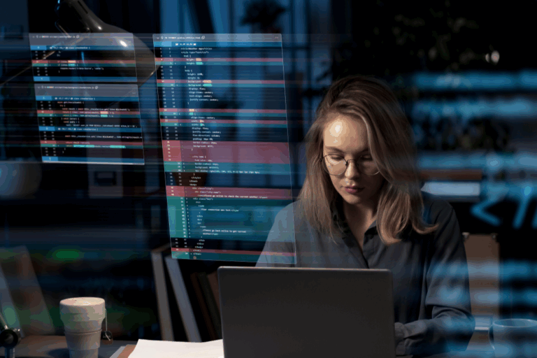 Article pentest – test intrusion cybersecurite W3COM Analyste cybersécurité travaillant sur un test d’intrusion automatisé, affichant du code sur un ordinateur portable dans un environnement de bureau